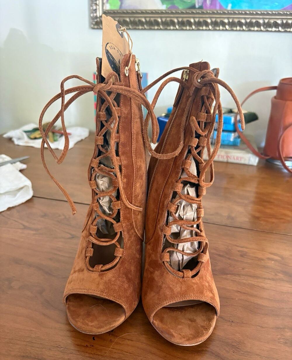 Laurence Dacade Paris Suede Lace Up Cage Booties 38.5 Brown Open Toe Italy